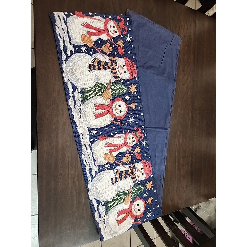 Christmas Tapestry Table Runner Snowman Winter Scene 72x13 Holiday Table Setting
